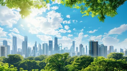 Fototapeta premium Stunning cityscape with tall buildings, lush greenery, and a bright blue sky with scattered clouds on a sunny day.