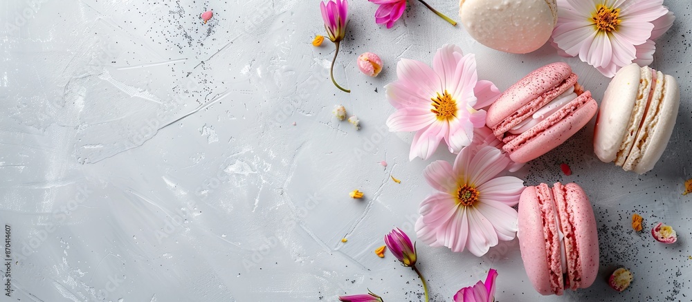 Poster pink flowers complement colorful macarons on a light grey table, creating an appealing copy space im