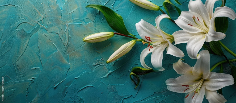 Poster lilies blooming on a turquoise surface with space for text or an image. copy space image. place for 