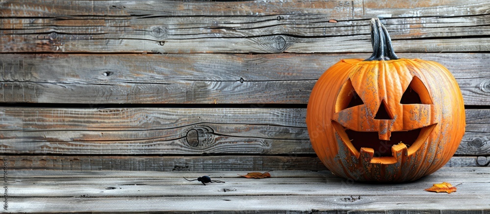 Poster jack o' lantern pumpkin head for halloween displayed on a wooden backdrop with empty area for additi