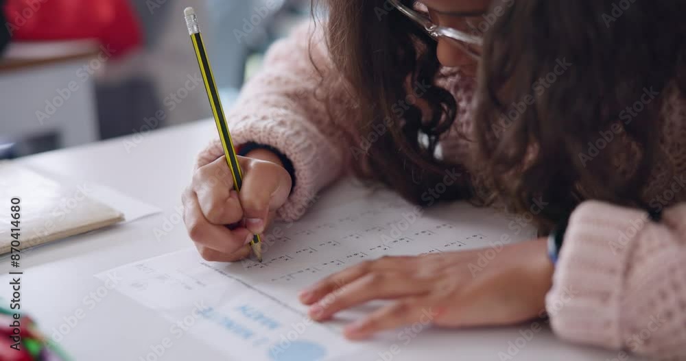 Poster hands, education and girl with notebook, writing and learning with information, child development an
