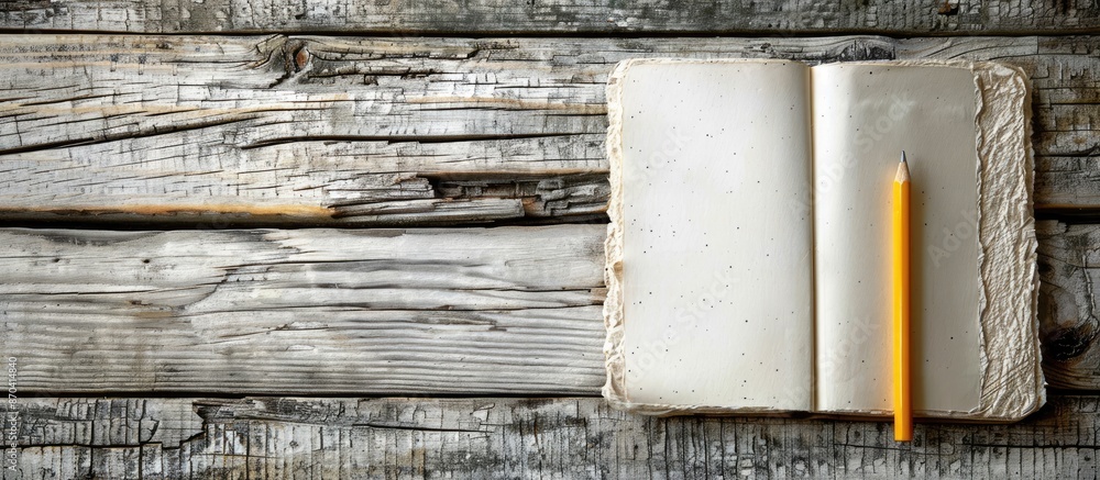 Poster a diary notebook and pencil placed on a wooden table, with ample copy space for an image.