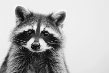 A raccoon is staring at the camera with its mouth open. The image is in black and white, giving it a classic and timeless feel. The raccoon's expression is curious and playful