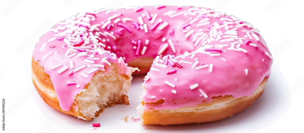 Poster quality image of isolated pink donut on white background with a bite taken from it. copy space image