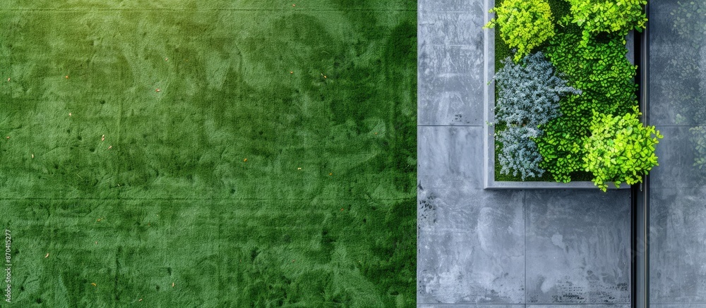 Poster exterior element viewed from above showing artificial grass carpet as a backdrop with copy space ima