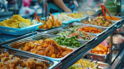 Fototapeta premium Assorted Asian street food dishes displayed at a market stall, showcasing a variety of colorful and delicious options.