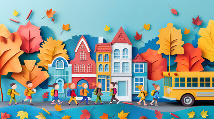 Papercut style illustration, full of children's fun, back to school concept.
