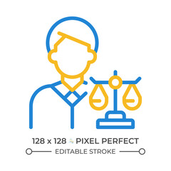 Attorney in law two color line icon. Lawyer protecting client rights in court. Legal judgement regulation bicolor outline symbol. Duotone linear pictogram. Isolated illustration. Editable stroke