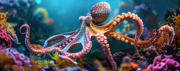 Obraz premium A large octopus is swimming in a colorful coral reef. The octopus is surrounded by a variety of sea creatures.