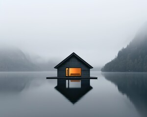 Fototapeta premium A serene house with glowing interior light floating on calm, mirrored lake amidst misty mountains in a tranquil, foggy atmosphere.