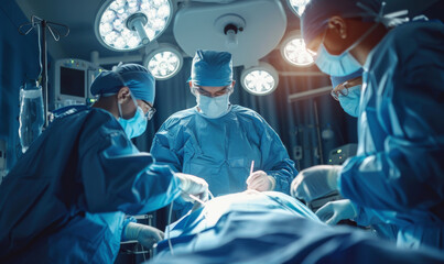 Highly skilled surgeons and medical staff performing a complex operation under bright surgical lights in a sterile, modern operating room environment, showcasing precision healthcare.