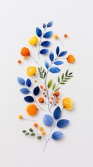 Colorful paper cut flowers and leaves on white background, showcasing a mix of blue, yellow, and orange tones.