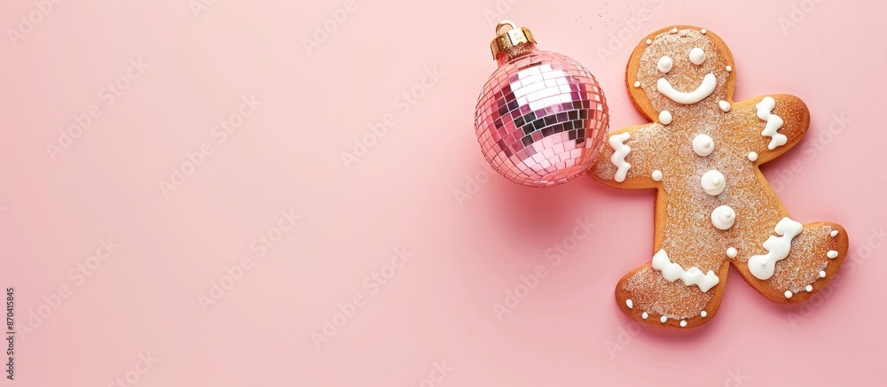 Poster flat lay design of a gingerbread man cookie adorned with a shiny disco ball on a soft pink backdrop,