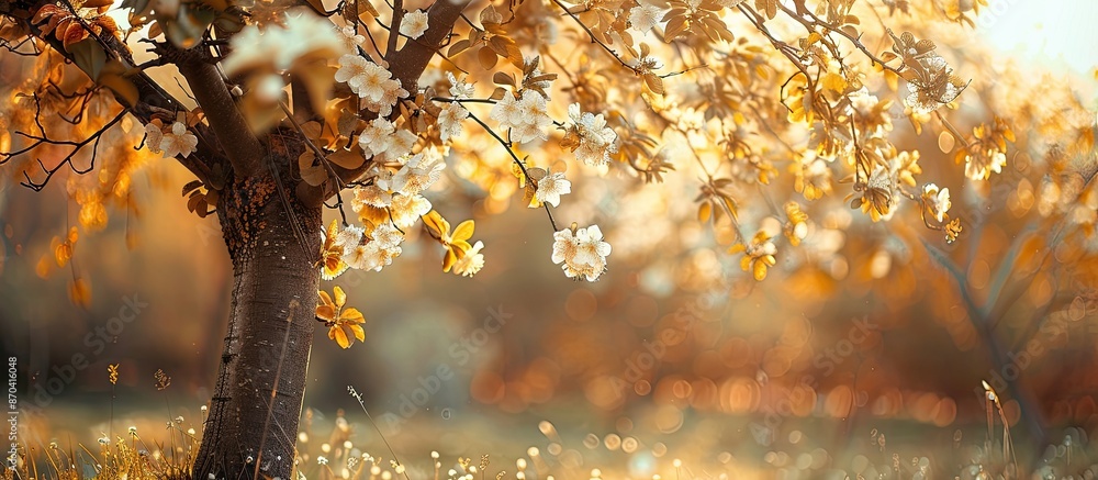 Poster an enchanting photograph showcasing a blossoming pear tree in the fall with a copy space image.
