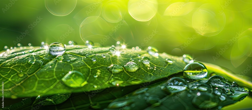 Poster silhouettes of dew on a leaf with a green background create a serene copy space image.