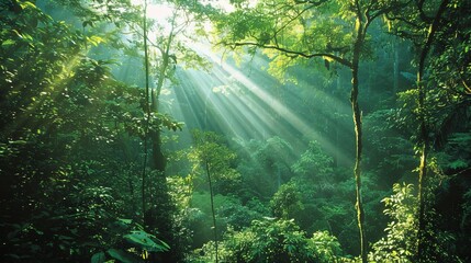 Obraz premium Beams of sunlight pierce the canopy, illuminating patches of emerald green in the dim forest depths.