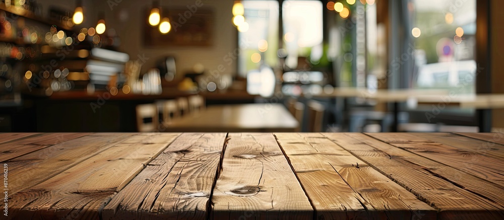 Poster utilize this image of an empty wooden table with a blurred coffee shop background for your product d