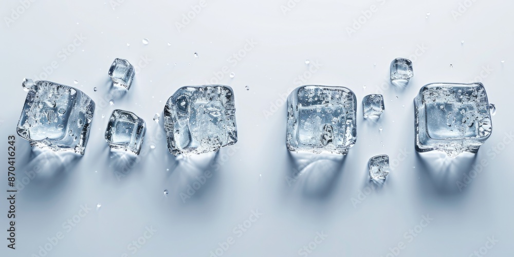 Poster a row of ice cubes on a white background. the cubes are all different sizes and shapes. concept of c