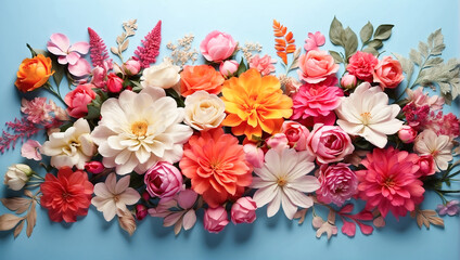 A beautiful array of flowers arranged horizontally on a blue background, showcasing vibrant colors and textures.