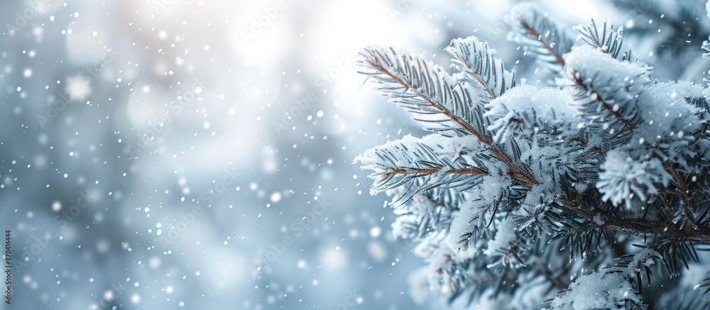 Poster snow-covered branch creating a festive holiday background in winter with ample copy space image.