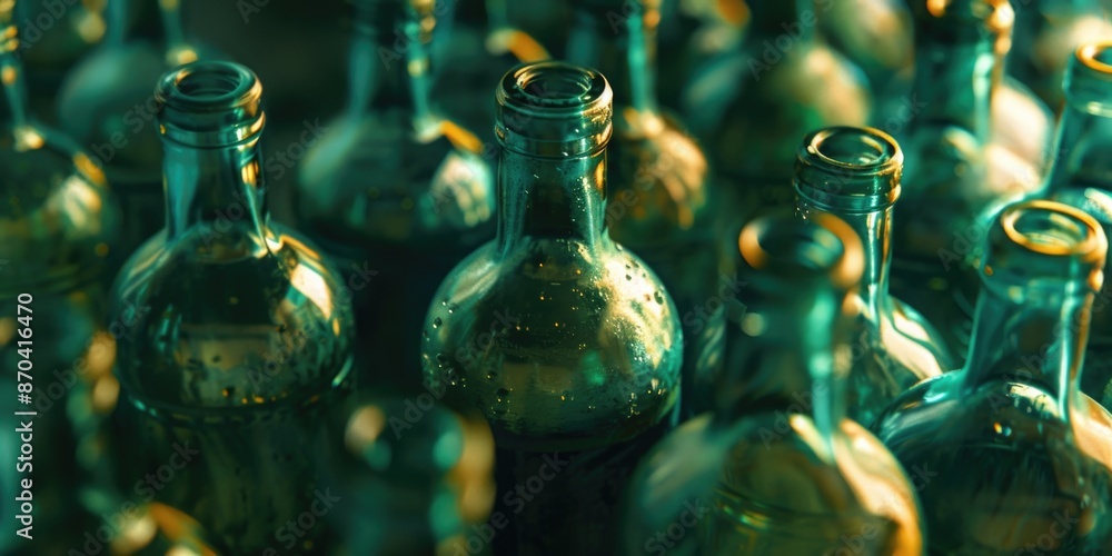 Poster a bunch of green bottles with a clear liquid inside. the bottles are all different sizes and shapes