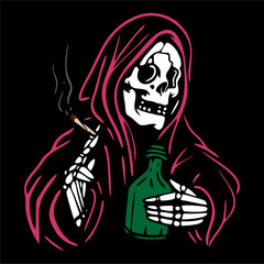 vector illustration tracing artwork of grim reaper skull smoke weed and drink a bottle alcohol. Can be used as Logo, Brands, Mascots, tshirt, sticker,patch and Tattoo design.