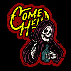 vector illustration tracing artwork of grim reaper skull smoke weed and drink a bottle alcohol with lettering text typography. Can be used as Logo,Brand,Mascot,tshirt,sticker,patch and Tattoo design.