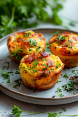 Three bacon and cheese muffins sit on a white plate with parsley
