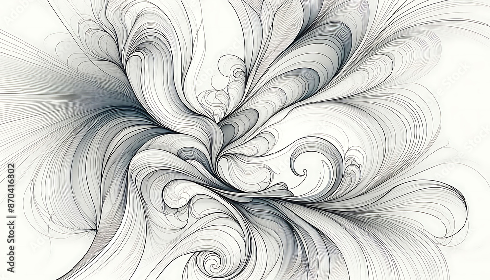 Poster an abstract design with swirling white and grey lines, creating a sense of movement and depth.