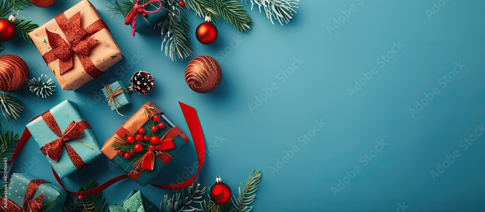 Poster top-down view of a christmas card design featuring gifts placed on a blue backdrop, with ample space