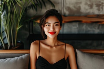 Obraz premium A woman in a black dress is sitting on a couch with a red lipstick on her lips. She is smiling and looking at the camera