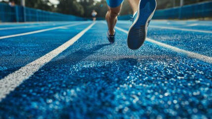 A close-up shot of a runners foot on a blue track, with white lines marking the lanes
