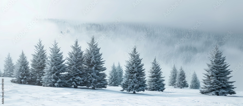 Poster artificial fir trees with snowy backdrop, creating a winter scene for a copy space image.