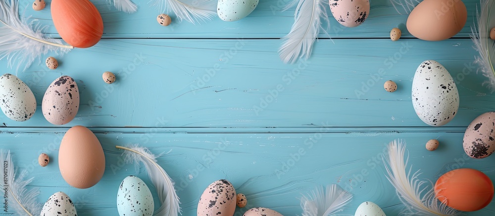 Poster easter-themed frame featuring eggs and feathers on a blue wooden background from a top view with car
