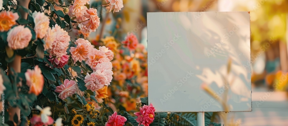 Poster Selective focus on a sign with white space decorated with flowers. Copy space image.