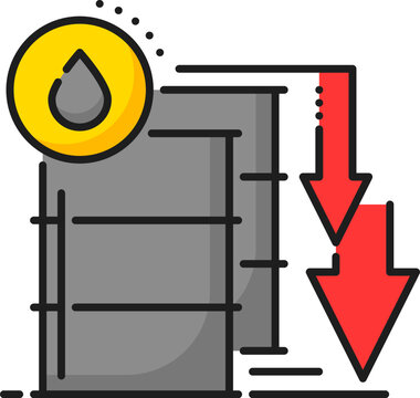 recommend clip art: Oil price decrease graph color line icon with down arrows, barrels and drop of crude oil. Economic and energy industry crisis vector outline symbol, economy downturn, finance and business recession