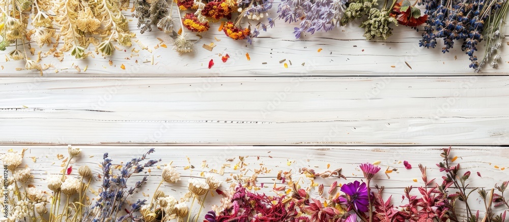 Poster colorful dried botanicals arranged on a white wooden backdrop with brush, creating an aesthetic disp