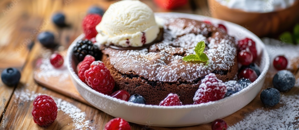 Poster close-up view of a molten chocolate cake surrounded by ice cream and berries on a rustic wooden back