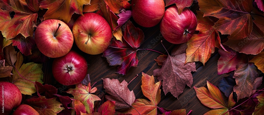 Poster colorful autumn leaves and apples create a vibrant autumn background with copy space image.