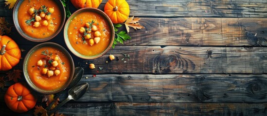 Autumn-themed vegetarian pumpkin and carrot soup with chickpeas and herbs arranged on a rustic dark wooden surface, ideal for cozy fall and winter seasons, with a spacious area for adding text or