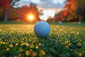 A close-up shot of a golf ball resting gently on a dewy grass course, with the sun setting in the background, casting a warm glow over the serene golfing landscape.