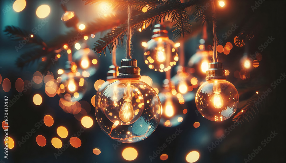 Poster a close-up of glass ornaments hanging from a string of lights. the ornaments are clear and have a st