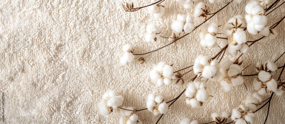 Aufkleber top view of fluffy cotton flowers on a beige terry towel, with room for text in the image. copy spac