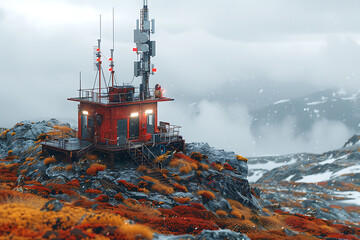 3d base station receiver. telecommunication tower 6g. polygonal design global connection information transmitter. Mobile radio antenna cellular ,sound wave	
