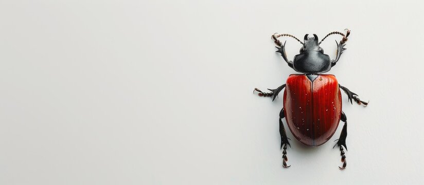 Dermestes beetle from the Dermestidae family pictured on a white backdrop with copy space image.