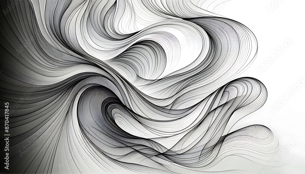 Poster an abstract design with swirling white and grey lines, creating a sense of movement and depth.