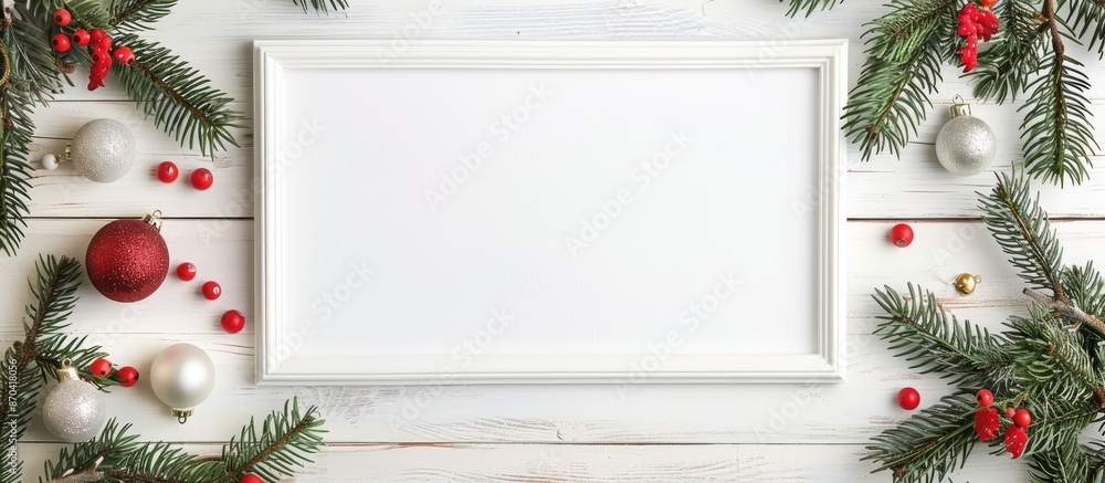 Poster top view of a christmas-themed blank photo frame on a white wooden surface, adorned with fir tree br