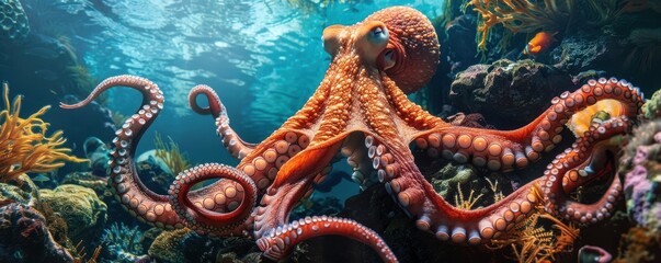 Fototapeta premium A large octopus is swimming in a colorful coral reef. The octopus is surrounded by a variety of sea creatures.