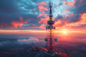 3d base station receiver. telecommunication tower 6g. polygonal design global connection information transmitter. Mobile radio antenna cellular ,sound wave	
