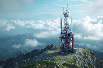 Obraz premium 3d base station receiver. telecommunication tower 6g. polygonal design global connection information transmitter. Mobile radio antenna cellular ,sound wave 